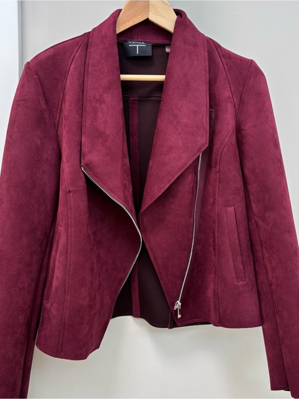 T Tahari Wine Red Suede Asymmetrical Moto Jacket - Picture 2 of 6